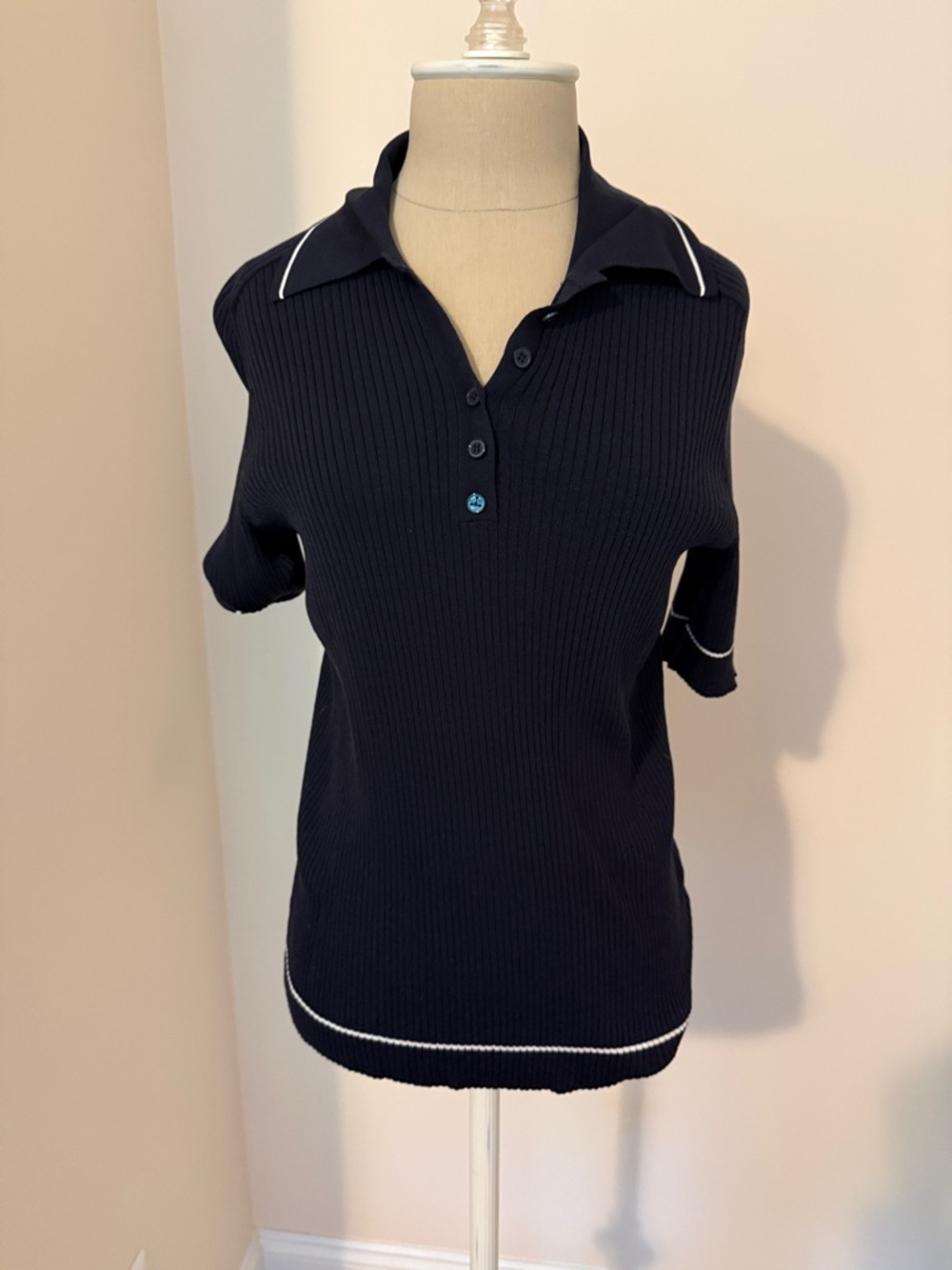 Lafayette 148 New York Navy Ribbed Polo Top with White Label